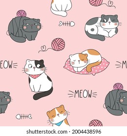 Draw seamless pattern background cute cat on pink pastel Doodle cartoon style