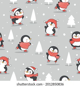 Draw seamless pattern background cute penguin in snow for winter Doodle style