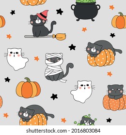 Draw seamless pattern background cute cat for halloween Doodle style