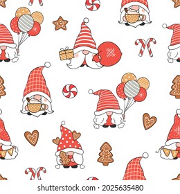 Draw seamless pattern background cute gnome for christmas and winter Doodle cartoon style