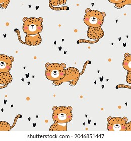 Draw seamless pattern background cute baby tiger jaguar printable for kids Doodle style