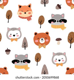 Draw seamless pattern background cute animal woodland for autumn Cartoon style