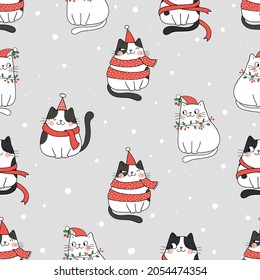 Draw seamless pattern background cute cat in snow for christmas and winter Doodle style