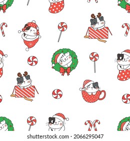 Draw seamless pattern background cute cats for christmas and winter Doodle style