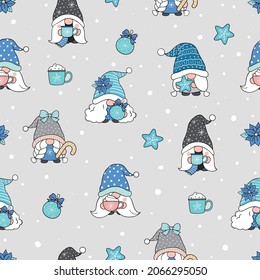 Draw seamless pattern background cute gnome in snow for christmas and winter Doodle style