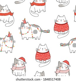 Draw seamless pattern background funny cat for winter Christmas and New year.Doodle style.