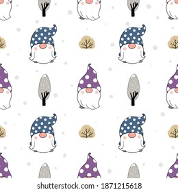 Draw seamless pattern background gnome with tree and snow on white for winter Fabric print.