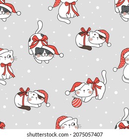 Draw seamless pattern background happy cats in snow for christmas and winter Doodle style