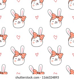 Draw seamless pattern background head rabbit on white.Doodle cartoon style.
