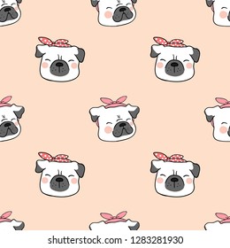 Draw seamless pattern background head of pug dog on sweet pastel.Doodle cartoon style.