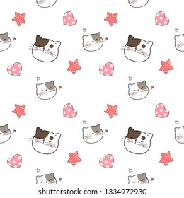 Draw seamless pattern background head of cat with little heart for valentine day.Doodle cartoon style.