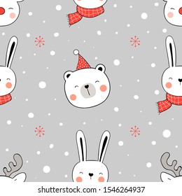 Draw seamless pattern background head of animal in snow Christmas and new year.Doodle cartoon style.