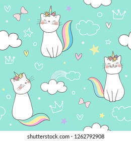 Draw seamless pattern background kitty cat unicorn on sweet pastel.Doodle cartoon style.