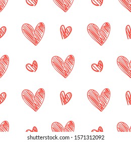 Draw seamless pattern background outline of red heart for Valentine's day white.Doodle cartoon style.