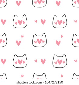 Draw seamless pattern background outline head of cat with little heart.Doodle cartoon style.