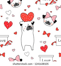 Draw seamless pattern background pug dog with red heart on white for valentine day.Doodle cartoon style.