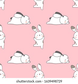 Draw seamless pattern background rabbit on pink.Doodle cartoon style.