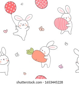 Draw seamless pattern background rabbit with egg and carrot for spring season.Doodle cartoon style.