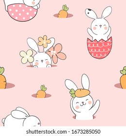Draw seamless pattern background rabbit with egg flower and carrot for Easter spring season.Doodle cartoon style.