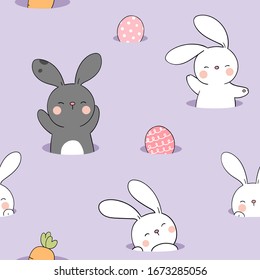 Draw seamless pattern background rabbit with egg on purple pastel for Easter spring season on blue pastel.Doodle cartoon style.