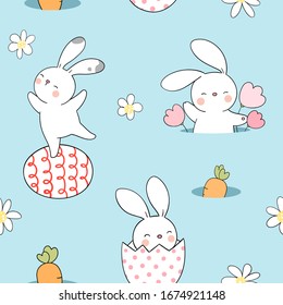 Draw seamless pattern background rabbit with flower for Easter spring season on blue pastel.Doodle cartoon style.
