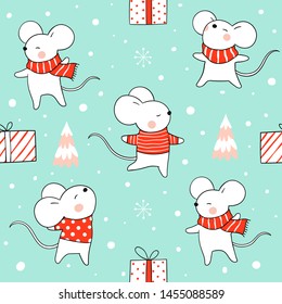 Draw seamless pattern background rat in snow for Christmas and new year on green pastel.Doodle cartoon style.