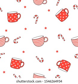 Draw seamless pattern background red cup of coffee and tea for Christmas and new year.Doodle cartoon style.