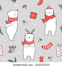 Draw seamless pattern background white bear with red scarf and element in snow for Christmas day and New year.Doodle cartoon style.