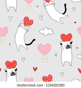 Draw seamless pattern background white cat and pug dog holding red heart on white for valentine day.Doodle cartoon style.