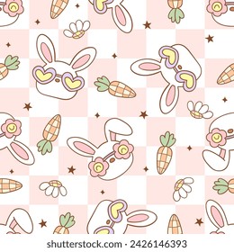 Draw seamless pattern bunny with For checkerboard Easter Spring Fabric print Wallpaper Printable paper