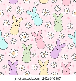 Draw seamless pattern Bunny easter candy Daisy flower Spring Fabric print Wallpaper Printable paper