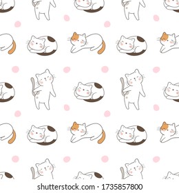 Draw seamless pattern cat with sweet polka dot for print,fabric,card.Doodle cartoon style.