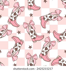 Draw seamless pattern checkerboard coquette bows cowgirl boots Fabric print Wallpaper Printable paper