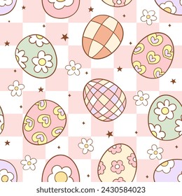 Draw seamless pattern checkered disco eggs Groovy ester Retro spring Fabric print Wallpaper Printable paper