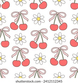 Dibujar un patrón impecable arco cereza con flor de margarita Día retro valentino Impresión de tela Papel de escritorio Estilo de caricatura Doodle