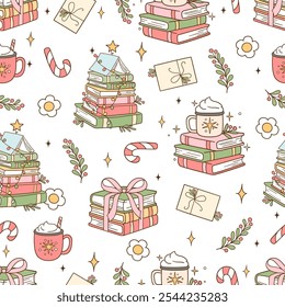 Draw seamless pattern christmas book flower Bookish lover Printable fabric Digital paper