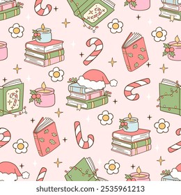 Draw seamless pattern christmas bookish For winter christmas Book lover Printable for fabric Digital paper