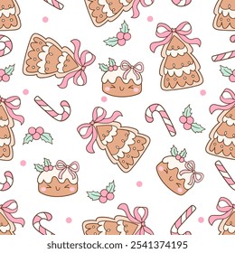 Draw seamless pattern christmas cookie with pink bow Printable for fabric Digital paper