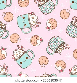 Draw seamless pattern cookie christmas mug Sweet treats Printable Fabric Digital paper