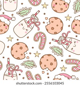 Draw seamless pattern cookies and milk Christmas treats Printable fabric Digital paper