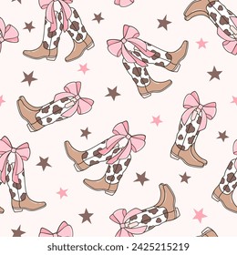 Draw seamless pattern coquette bows cowgirl boots Fabric print Wallpaper Printable paper