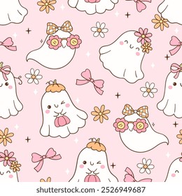 Desenhar o fantasma feminino coquette padrão sem costura com flor Para o outono de halloween tecido imprimível Papel digital