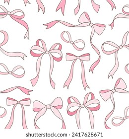 Draw seamless pattern coquette pink ribbon Love valentines Fabric print Wallpaper Printable paper