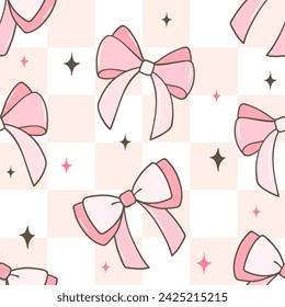 Draw seamless pattern coquette pink bows on checkerboard Retro valentines Fabric print Wallpaper Printable paper