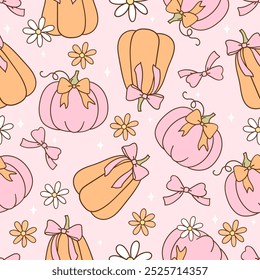 Draw seamless pattern coquette pumpkin bow For halloween autumn Printable fabric Digital paper