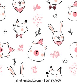 Draw seamless pattern cute animal Doodle style.
