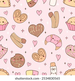 Draw seamless pattern cute concha Mexican sweet bread Printable for fabric Digital paper