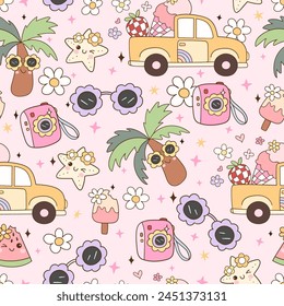 Draw seamless pattern cute groovy summer Retro beach Printable digital paper