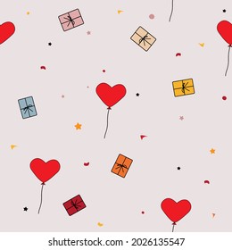 Zeichne nahtloses Muster mit süßen Herzbaloons, Sternen, Konfetti und Geschenk, die in der Luft hängen. Ideal für Umhüllung, Geburtstagskarte, Banner, Tapete, Textilien, Stoff, Valentine.