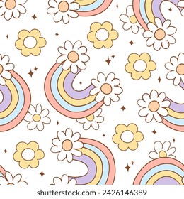 Draw seamless pattern daisy flower with rainbow For Easter Spring Fabric print Wallpaper Printable paper